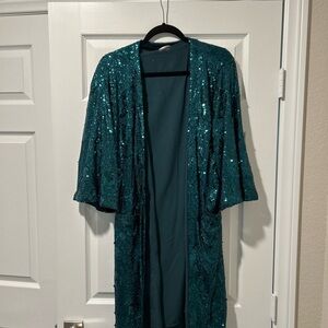 Sequin Open Front Jacket in Teal